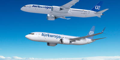Two AirEuropa planes flying in air.