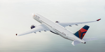 Delta Air Lines' Airbus A350-900 aircraft flying over the ocean.