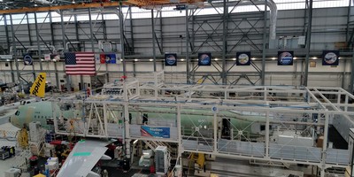 AerCap's first A320neo aircraft being built at the Airbus assembly facility.