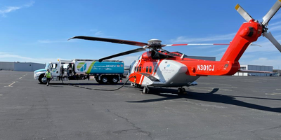 Milestone Aviation's S-92 helicopter fueling up using a blend of SAF.