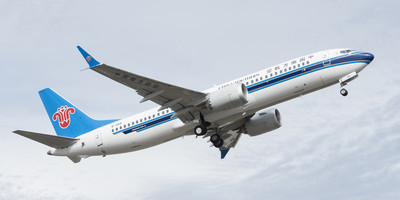 China Southern Airlines' Boeing 737 MAX aircraft flying through the air.