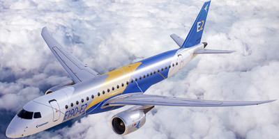 An Embraer E-Jets E2 aircraft flying above the clouds.